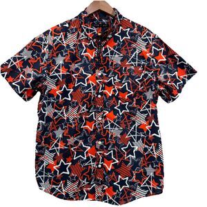 EDGAR + ASH Mens Size L Button Down Collared Short Sleeve Stars Print Pocket Red